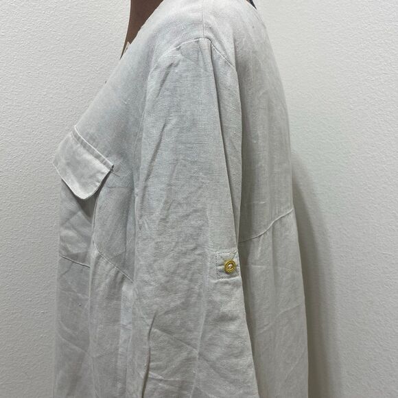 Ellen Tracy Cream Scoop Neck 1/4 Zip Linen Blouse Top Roll Tab 3/4 Sleeve Size L - Picture 6 of 12